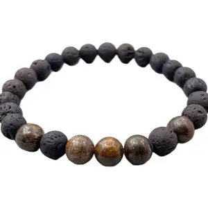 LKBEADS Bronzite & Black Lava Bracelet | Natural Beaded Bracelet for Men And Women | Healing Gemstone Jewelry, Grounding Energy|8mm Round|Smooth|Black & Brown|SRC_LI_000573