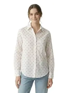 Xempl Women's White Dobby Shirt with Heart Print, Long Sleeve Collared Button Down Shirt