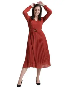 FableStreet Women's Polyester V Neck Pleated Fit and Flare Midi Dress - Rust (DR530RUST-L)