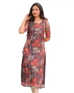 NEW FUSION FABRIC Women Organza Fabric Digital Printed Short Sleeves Pattern Kurti for Women, Long Kurti