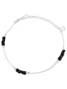 PRIVIU Studio Silver Plated Black Beads Slim Traditional Anklet for Women & Girls