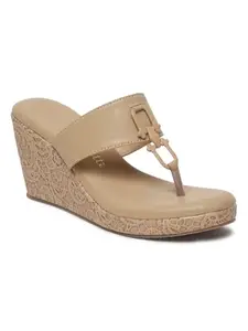 Bruno Manetti women's Beige Slip-on Back Open with Upper V Strap Round Toe Comfort Wedges Sandals