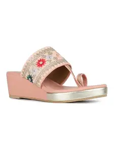 Inc.5 Womens Peach Ethnic Embellished Round Toe Wedges Heel Sandals