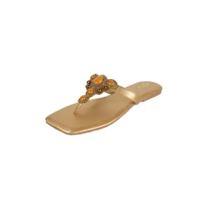 Metro Women's Antique Gold Faux Leather Embellished Occasion Thong Chappal UK/6 EU/39 (32-965)