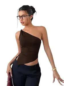 KATECLO Women’s One Shoulder Asymmetrical Top – Sleeveless Slim Fit Ruched Black Blouse for Casual, Office & Night Out