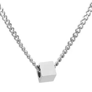 De-Autocare Silver Color Unisex Fancy & Stylish Stainless Steel Geometric Small Square Ice-Cube Shape Charm Locket Pendant Necklace With Clavicle Cuban Chain