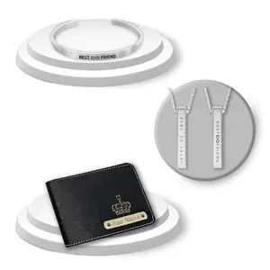 Savri Personalized Friendship Day Gifts-Adjustable Kada with Name Engraved, Men's Wallet with Name and Charm, Silver Bar Pendant with Name-Ideal Gifts for Friendship Day, Birthday, & Special Occasions