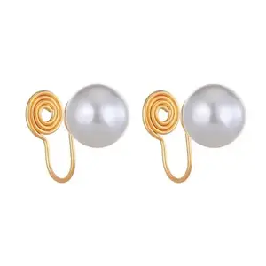 Via Mazzini No-Piercing Required Clip-On 10mm Pearl Ear Cuff Stud Earrings For Women And Girls (ER2517) 1 Pair