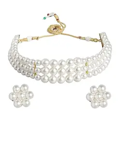 Mansiyaorange 4-Line Pearl Choker Necklace Set with Antique Plated Kundan Studded Earrings | Traditional Bridal Jewelry for Women