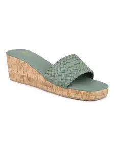 INC.5 Women Green Textured Open Toe Wedge Heels