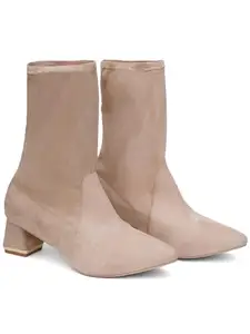 SHERRIF Women's Beige Color Block Heels Boots (SF-4484-BEIGE-38)