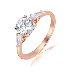 MISS JO 92.5 Sterling Silver Brilliant Cut Flanked Solitaire Ring, Statement Ring for Women, Elegant Whites Collection, Gift for Women, BIS Hallmarked -Rose Gold Polish -Size 8