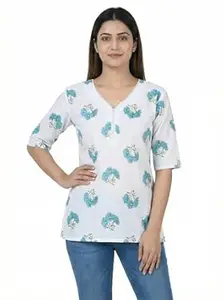Cotton Short Kurti Top Teenager Girl(5'3 Height, Length 25inch) V Neck Printed Half Sleeve for Office & College Girls Fit