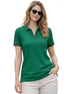 JUNEBERRY® Women’s Regular Fit Lycra Polo T-Shirt withV- Neck Plain Contrast Piping Collar, Short Sleeves, Soft Fabric for Everyday Comfort (Sizes S to 2XL)