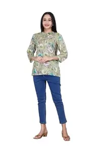 PRITH V Beautiful Short Top with Floral Print (Rayon) Sea Green