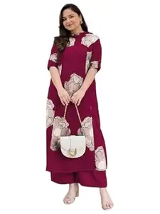 ANNI Designer Women Viscose Blend Straight Fit Printed Kurta Palazzo Set | Mandarin Neck Outfit | Lightweight Breathable Fabric | Comfortable Elegant Styling for Office Casual Wear