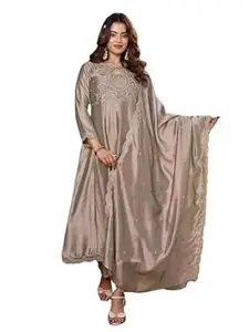 Aspora Women's Vichitra Silk Embroidered Flared Kurta with Pant and Scalloped Dupatta Set