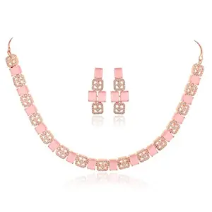 RATNAVALI JEWELS American Diamond Rose Gold Plated Traditional Single Line Necklace Set with Earring for Women/Girls RV4165P-RG