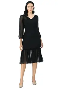 V&M V&M Women's Gathered Knee Length Dress (Medium, Black)