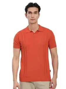 Beyoung Orange Cord Striped Flat Knit Polo T-Shirt for Men