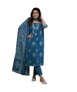 V.K.CRAFT Women's Cotton Printed Straight Kurti with pant and Dupatta Set