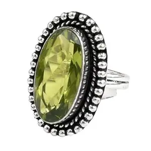 Metal Alloy Rhodium Polished Oval Shape Green Peridot Gemstone Handmade Birthstone Ring Indian Size 14 RGS-1337