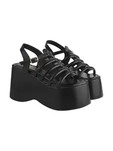 Shoetopia Women's Black Platform Sandals Chunky Wedge Gladiator Style|| Caged Straps & Adjustable Buckle – Trendy Summer Footwear EU37