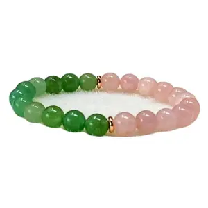 RRJEWELZ Natural Rose Quartz & Green Jade 8mm Round Shape Smooth Cut Beads 6.5 Inch Stretchable Bracelet For Men & Women. Unisex Bracelet For Healing, Meditation, Prosperity, Gift & Luck|STBR_RR_07104_6.5