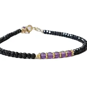 RRJEWELZ Amethyst & Black Spinel bracelet for men & women - 3.5-4mm Round Faceted beads - 7 Inch with Gold plated clasp – Healing, Fashion, Gift, Spiritual, Yoga|LCBR_RR_06692