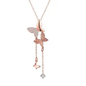 Shining Diva Fashion Stylish 18k Rose Gold Plated Double Crystal Butterfly Chain Pendant Necklace for Women & Girls(Rose Gold)