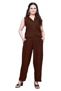 SHREE SS FASHION Women's Bindu Bubble Co Ord Set Stylish Sleeveless Top & Bottom Set lLoungewear Nightdress l Day-to-Night Comfort Wear (Brown) Size:-S