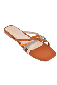 GlamZkart Tan Strappy Classic Open-Toe Flats For Women/StylishHeelcasusal/Party/Ethinic wear Heel Flats/Heel/Sandal 0205TA_40