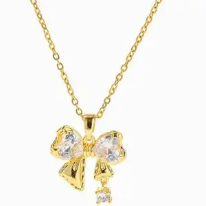 Bauble Cluster 18k Gold Plated Bow Knot Rhinestones Pendant for Girls| Anti Tarnish Jewellery Stainless Steel Chain for Women| Fashion Accessories| Waterproof Necklace Chain| Gifts for valentine Day| Birthday| Aesthetic Jewelry Pendant Neck Chain