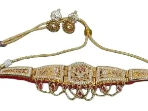 Traditional Gold-Plated Choker Necklace Set with White and Pink Stone Embellishments Medium size