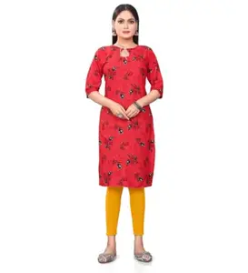 Women's Casual 3/4th Sleeve Floral Printed Polyester Knee Length Straight Kurti PID-45473 | Pack of 1_Red_L |