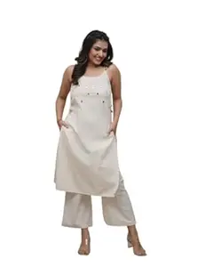 The King Shope Women's Cotton Embroidery Sleeveless Kurti with Ankle Length Pant Set
