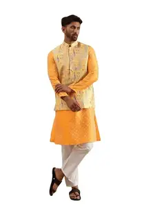 SOJANYA Men's Jacquard Silk Yellow Kurta & White Pyjama With Jacquard Silk Yellow Nehru Jacket