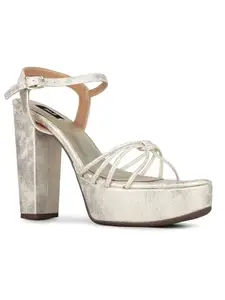 Inc.5 Womens Golden Party Wear Striped Round Toe Block Heel Sandals