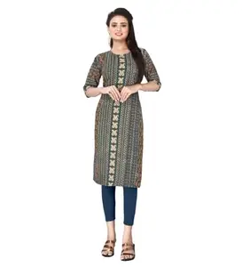 Women's Casual 3/4th Sleeve Paisley Polyester Knee Length Straight Kurti (Green, 2XL)-PID45498