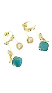 Gold-Plated Bird Earrings with Turquoise Stone and Pearl, Geometric Design (Blue)