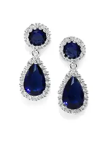Carlton London Rhodium-Plated Navy Blue CZ-Studded Silver Teardrop-Shaped Drop Earring For Women