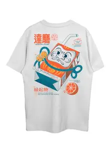 THREADCURRY Daruma Oversized Drop Shoulder Cotton Loose Printed T-Shirt for Men White