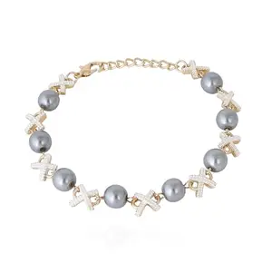 SUNDARA JEWELS Women's Metal CZ & Freshwater Cultured Grey Pearl Chain Bracelet - Elegant, Free Size