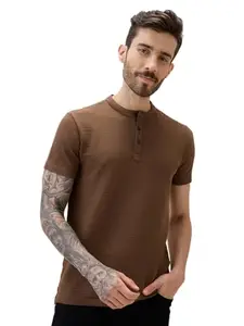 Status Quo Men's Solid Henley Neck Half Sleeves Regular Fit Tshirt | 60% Cotton 35% Polyester 5% Spandex | Brown | M Size