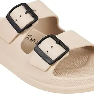 TRV Men's Coco-pace-1 Beige EVA Rubber Comfort Slides, Lightweight Non-Slip Slippers, Open Toe Design, Black and White-9 Kids UK