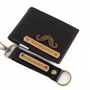 The Unique Gift Studio Men's Leather Wallet and Keychain Combo with Personalised Name and Logo on Wallet - Design 5, Black