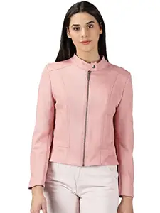 SHOWOFF Women's Stand Collar Solid Peach Open Front Jacket-IM-067_Peach_XL