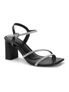 Carlton London Women Black Stylish Sandal having Buckle with Block Heels, Square Toe for Party and Any Occasions (36)