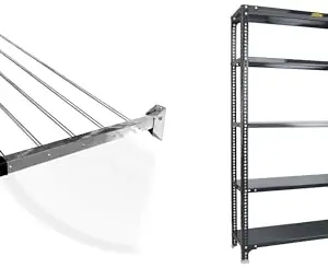 CONCEPT & SOLUTIONS 5 Pipes x 5 Feet -Foldable Wall Mounted Cloth Dryer/Clothes Stand (6 Pipes, 5 feet) and CRC Sheet 5 Shelf Multipurpose Slotted Angle Rack, 60 x 36 x 18 Inch, 24 Gauge (Grey) Combo Pack|CS-598