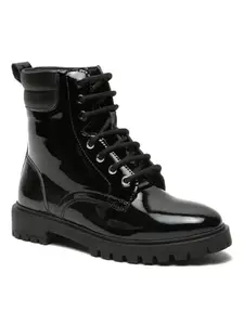 Bruno Manetti Women's Black Petent Laceup With New chunky Sole Ankle Length Comfort Mid Top Flat Boots